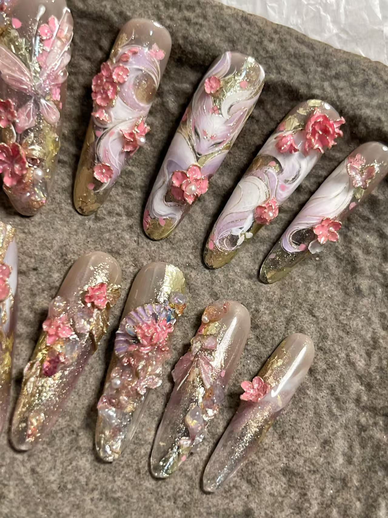 Chinese Style Fox 3D Cherry Blossom Long Stiletto Press On Nails - handmade custom press-on nails detail gallery photo