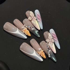 Gradient Fairy Three-Dimensional Flower Conch Long Stiletto Press On Nails
