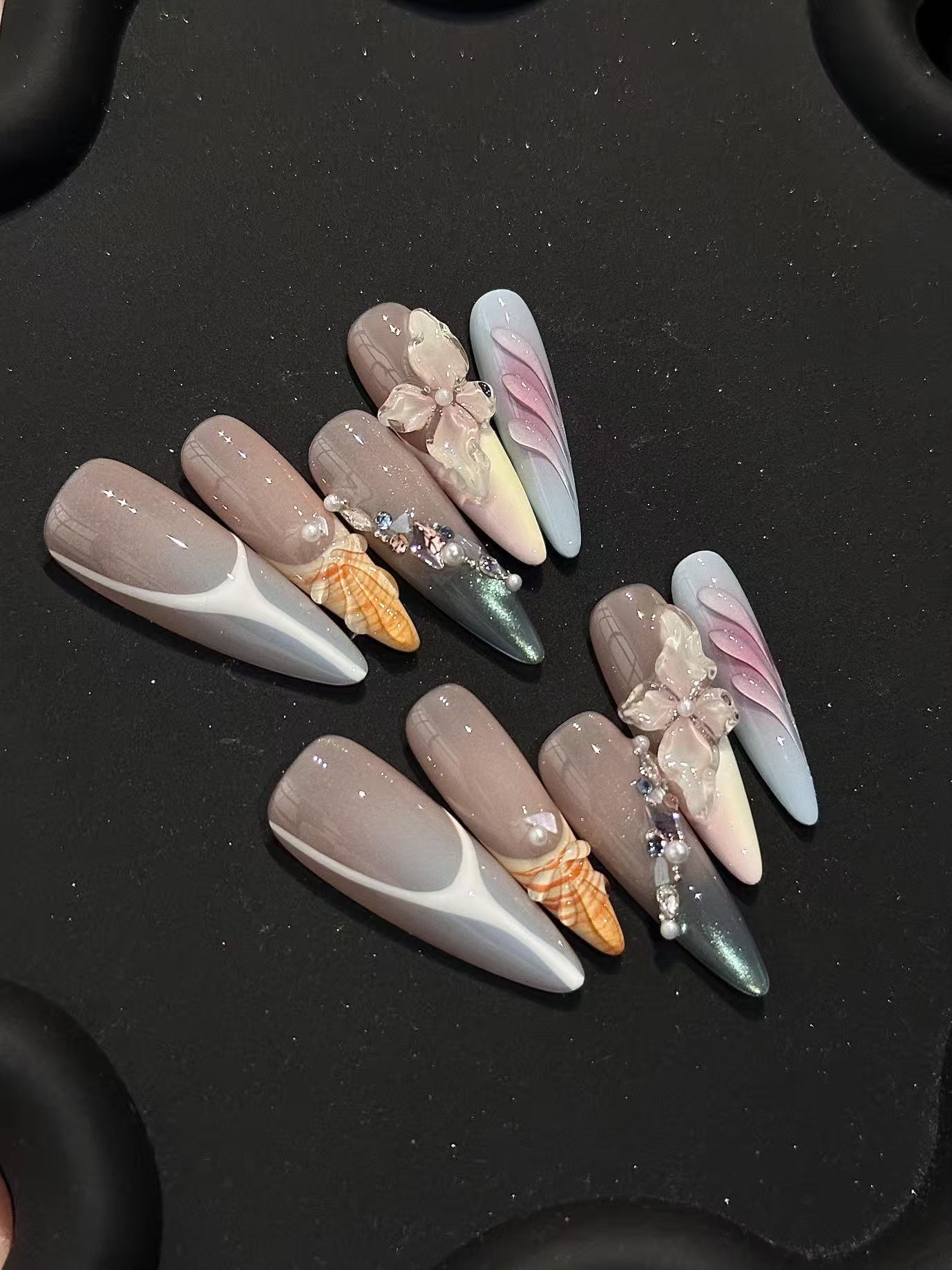 Gradient Fairy Three-Dimensional Flower Conch Long Stiletto Press On Nails