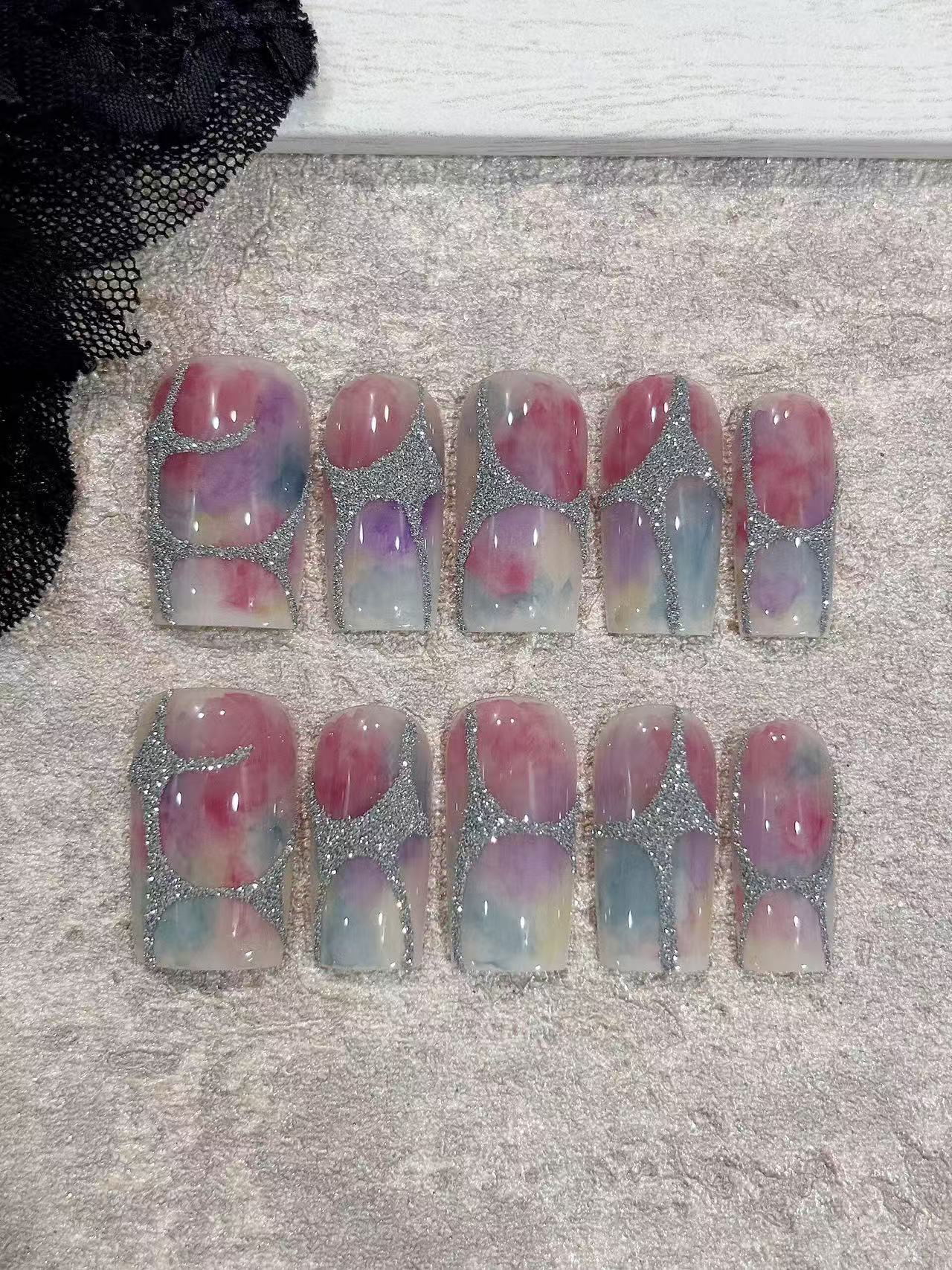 Pastel Watercolor Silver Crackle Line Square Press On Nails - handmade custom press-on nails detail gallery photo