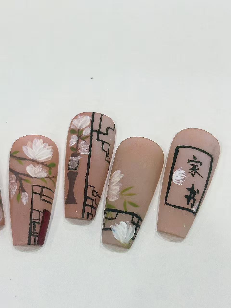 Chinese Style Magnolia “Home Letter” Matte Long Coffin Press On Nails - handmade custom press-on nails detail gallery photo