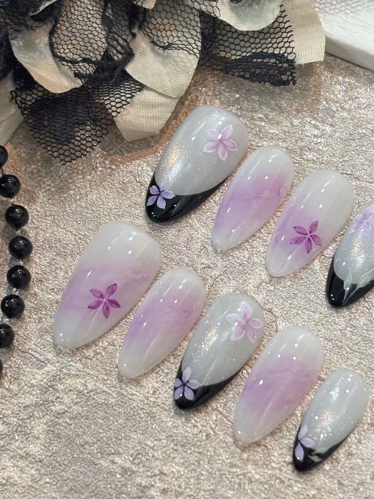Purple Floral Smoke Black French Almond Press On Nails - handmade custom press-on nails detail gallery photo