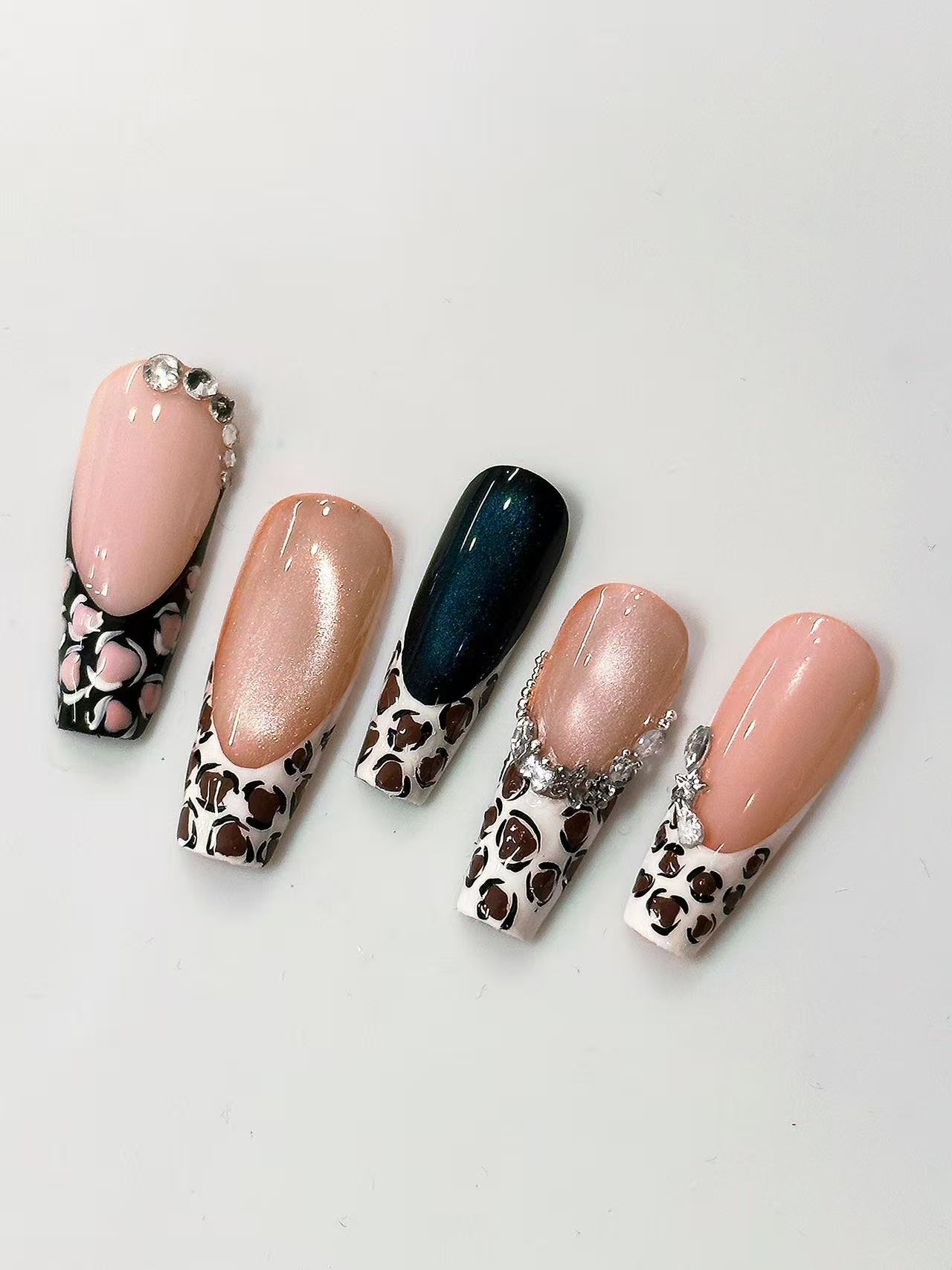Leopard French Cat Eye Rhinestone Long Coffin Press On Nails - handmade custom press-on nails detail gallery photo
