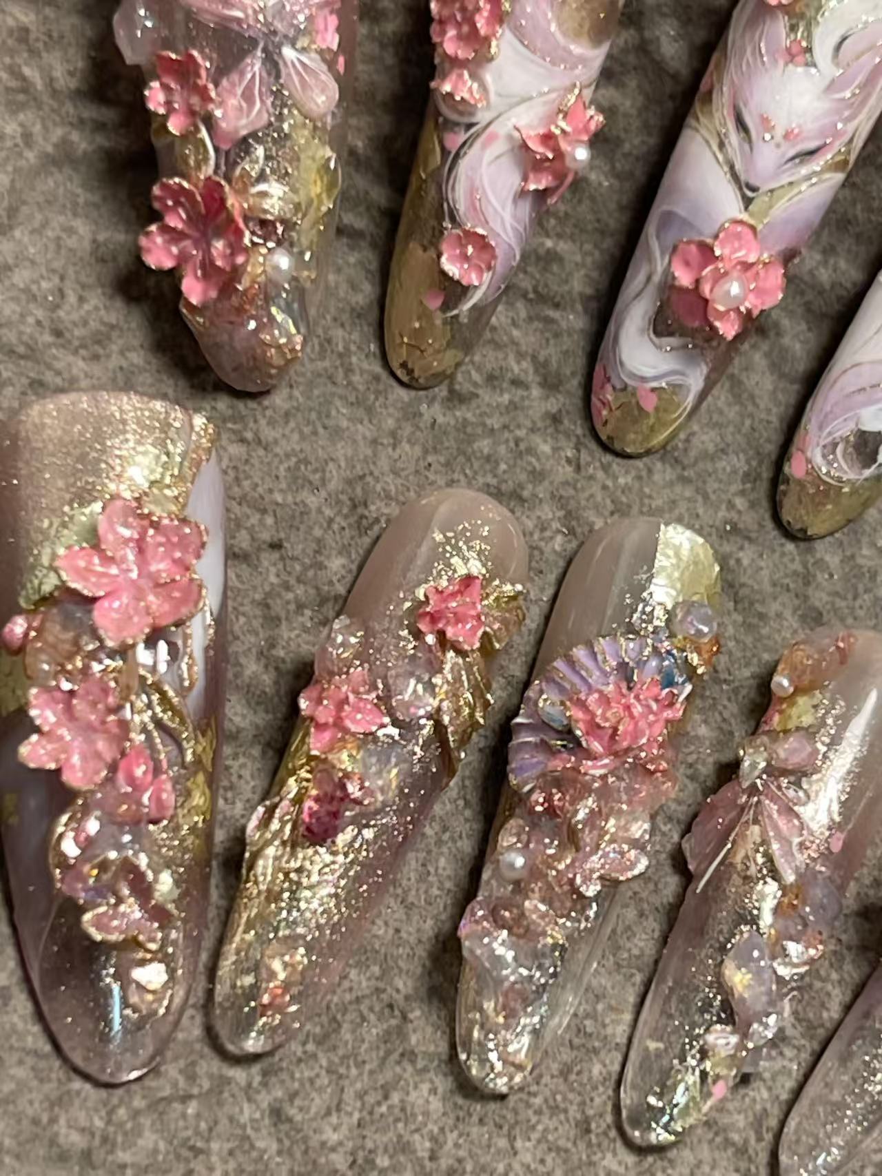 Chinese Style Fox 3D Cherry Blossom Long Stiletto Press On Nails - handmade custom press-on nails detail gallery photo