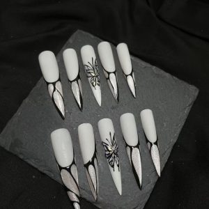 Matte White Abstract French Butterfly Long Stiletto Press On Nails - handmade custom press-on nails main product photo