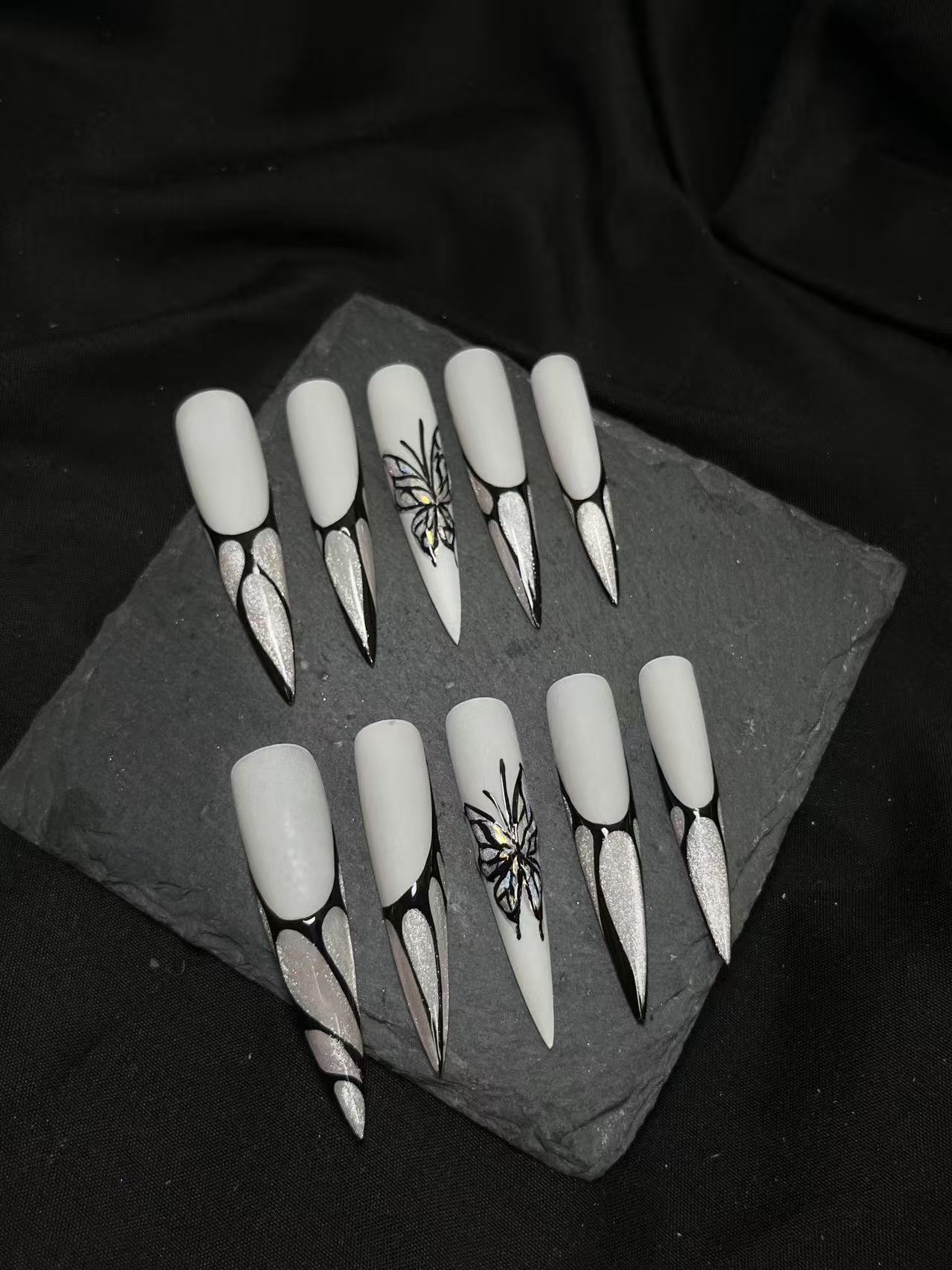 Matte White Abstract French Butterfly Long Stiletto Press On Nails - handmade custom press-on nails main product photo