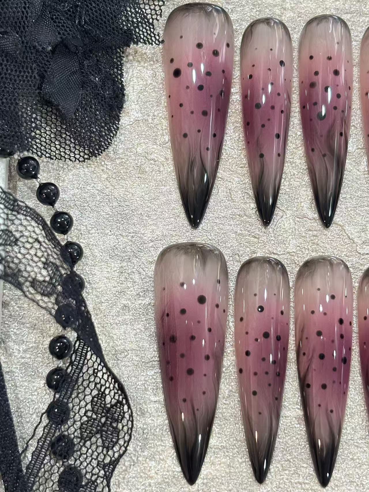 Pink Black Smoke Gradient Dot Stiletto Press On Nails - handmade custom press-on nails detail gallery photo