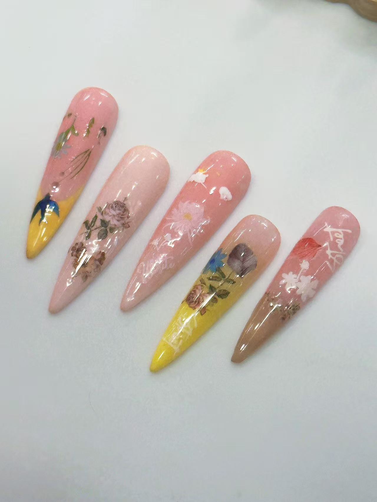 Spring Dried Flower Gradient Long Stiletto Press On Nails - handmade custom press-on nails detail gallery photo