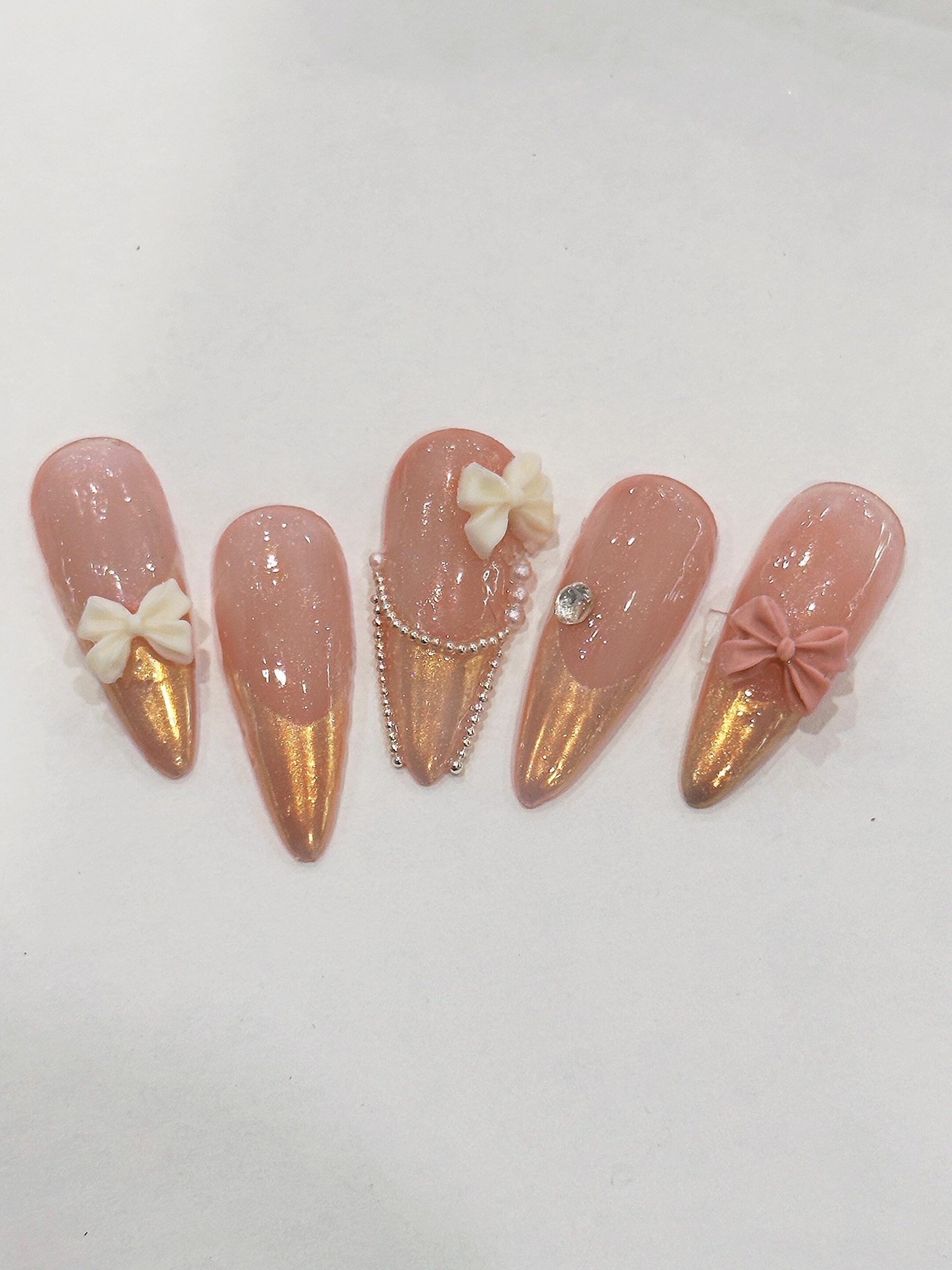 Pink Gold French Bow Pearl Long Almond Press On Nails - handmade custom press-on nails detail gallery photo