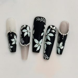 Embroidered Floral Dark Pearl Long Coffin Press On Nails - handmade custom press-on nails main product photo
