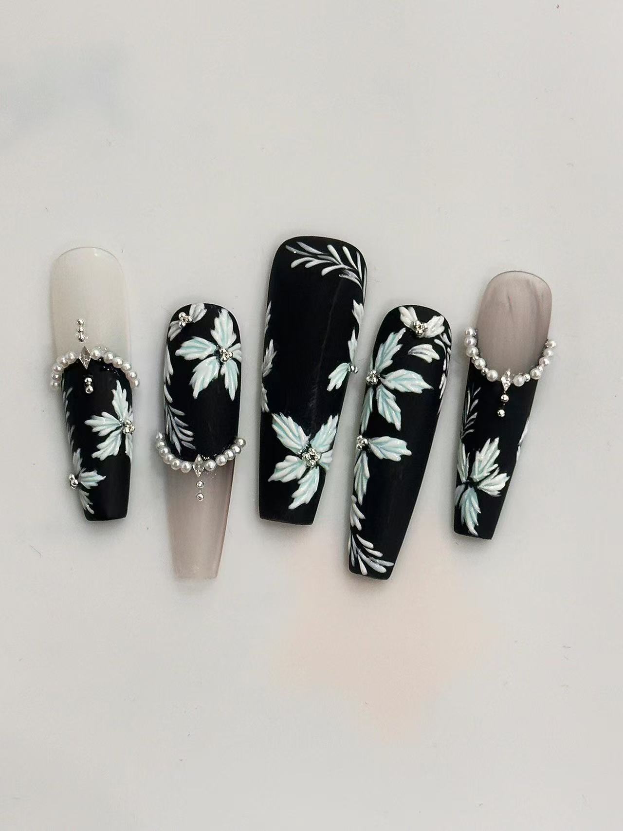 Embroidered Floral Dark Pearl Long Coffin Press On Nails - handmade custom press-on nails main product photo