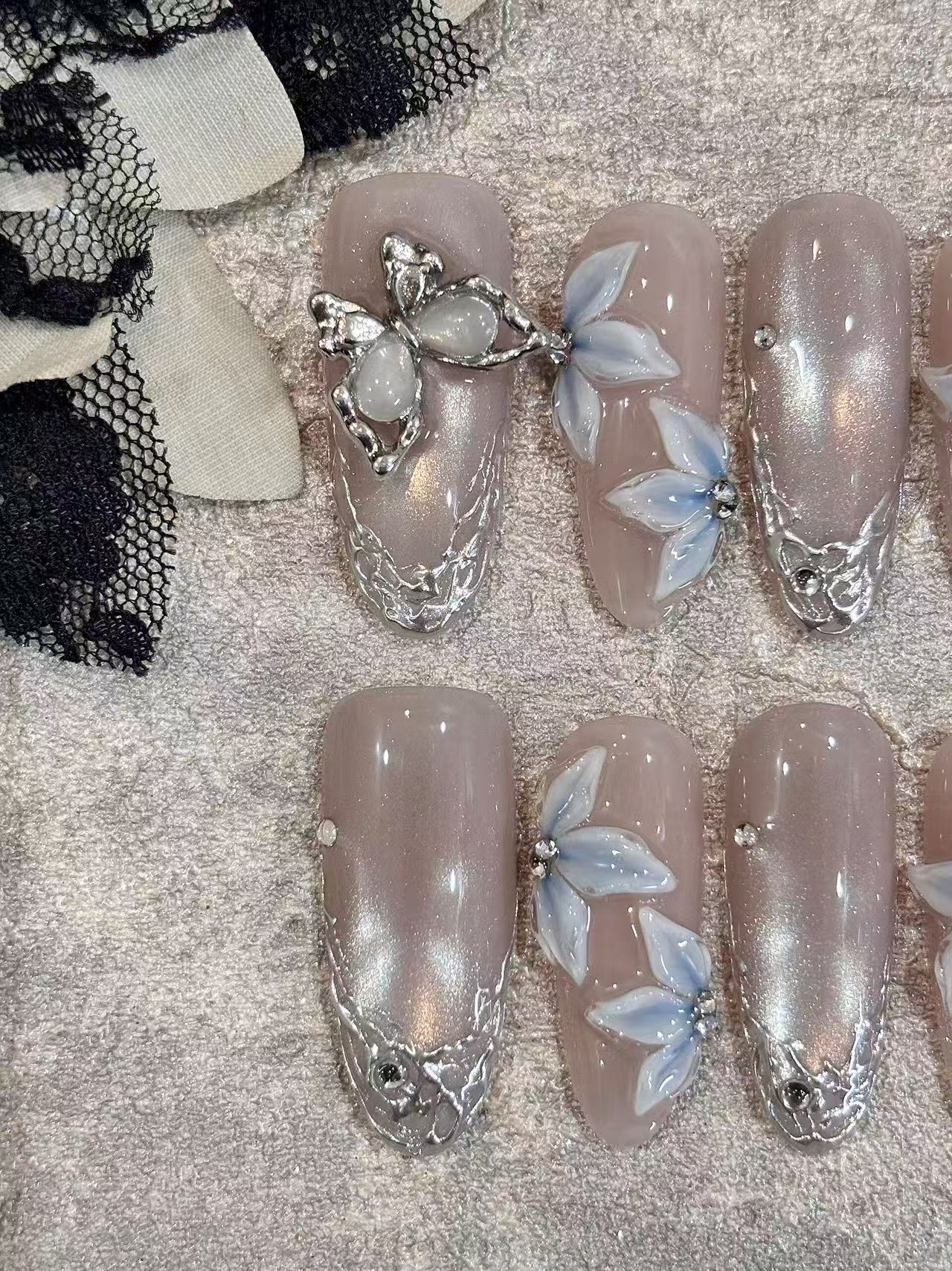 Nude Shimmer 3D Blue Flower Silver Lace Almond Press On Nails - handmade custom press-on nails detail gallery photo