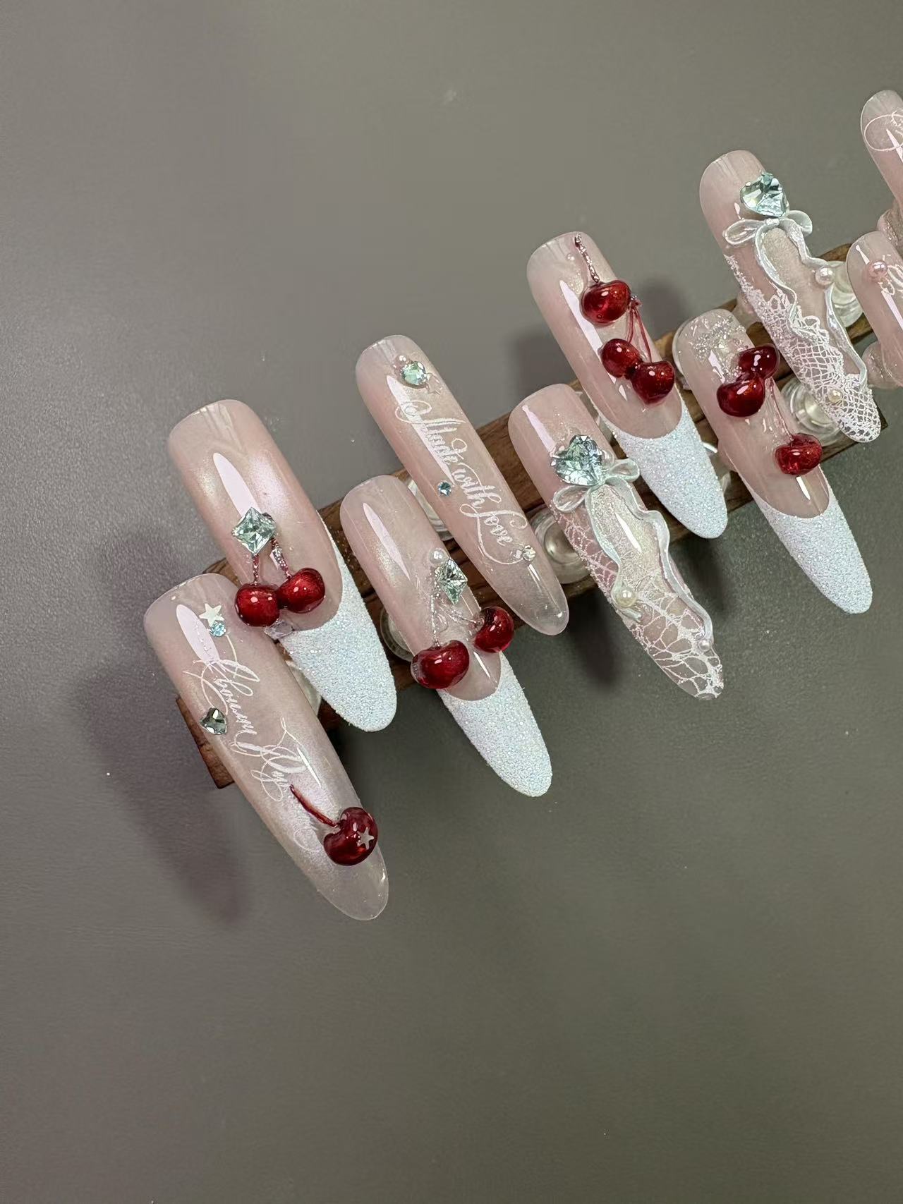 Cherry Lace French Long Stiletto Press On Nails - handmade custom press-on nails detail gallery photo