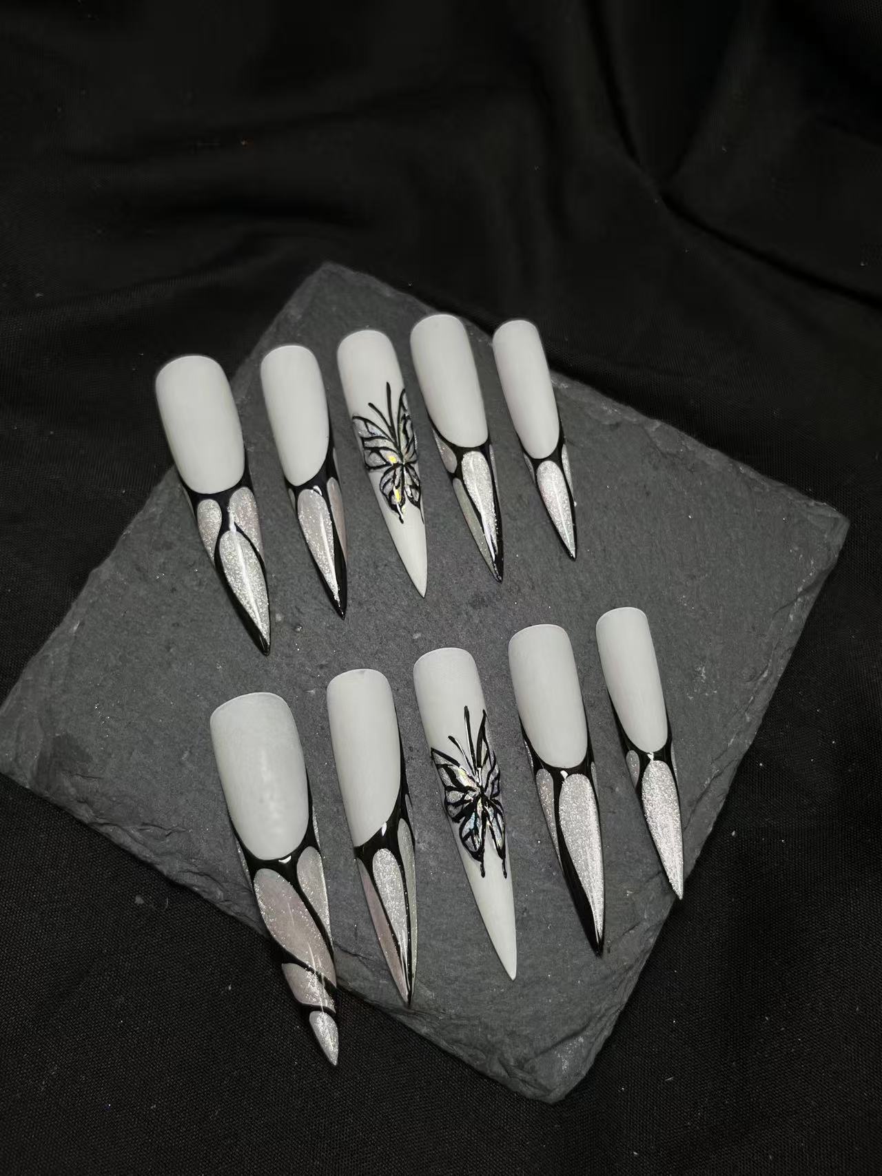 Matte White Abstract French Butterfly Long Stiletto Press On Nails - handmade custom press-on nails detail gallery photo
