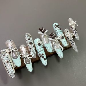 Mint Green Ribbon Bear Cross Long Stiletto Press On Nails - handmade custom press-on nails main product photo