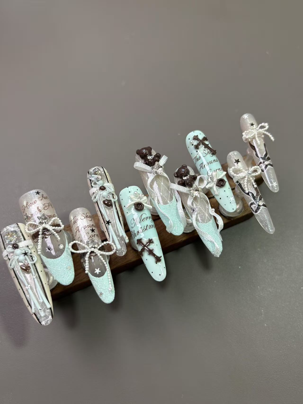 Mint Green Ribbon Bear Cross Long Stiletto Press On Nails - handmade custom press-on nails main product photo