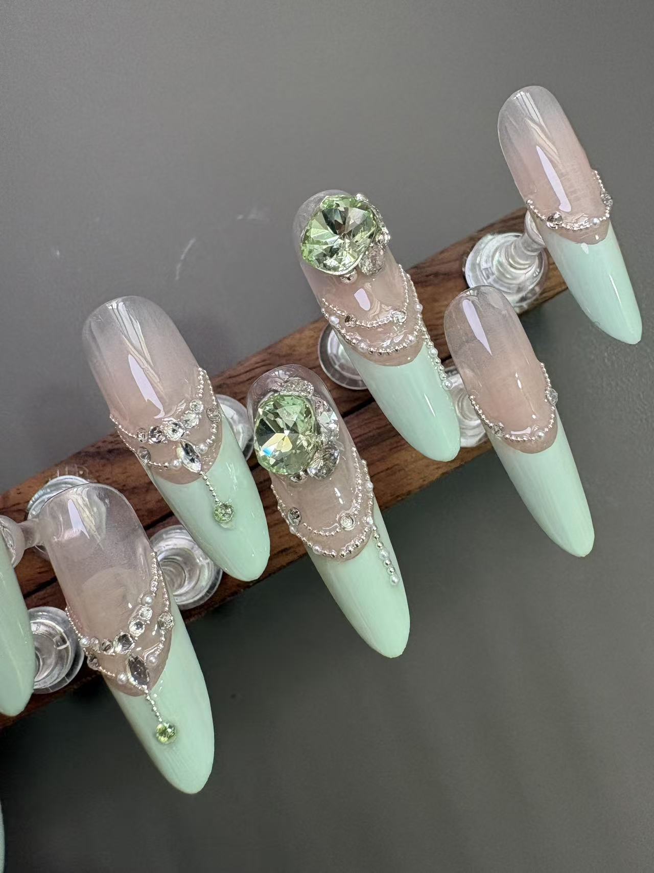 Mint Green Nude Gradient Chain Olive Rhinestone Long Stiletto Press On Nails - handmade custom press-on nails detail gallery photo