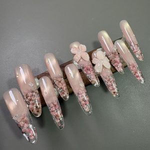 Nude Shimmer Dried Flower 3D Floral Long Stiletto Press On Nails - handmade custom press-on nails main product photo
