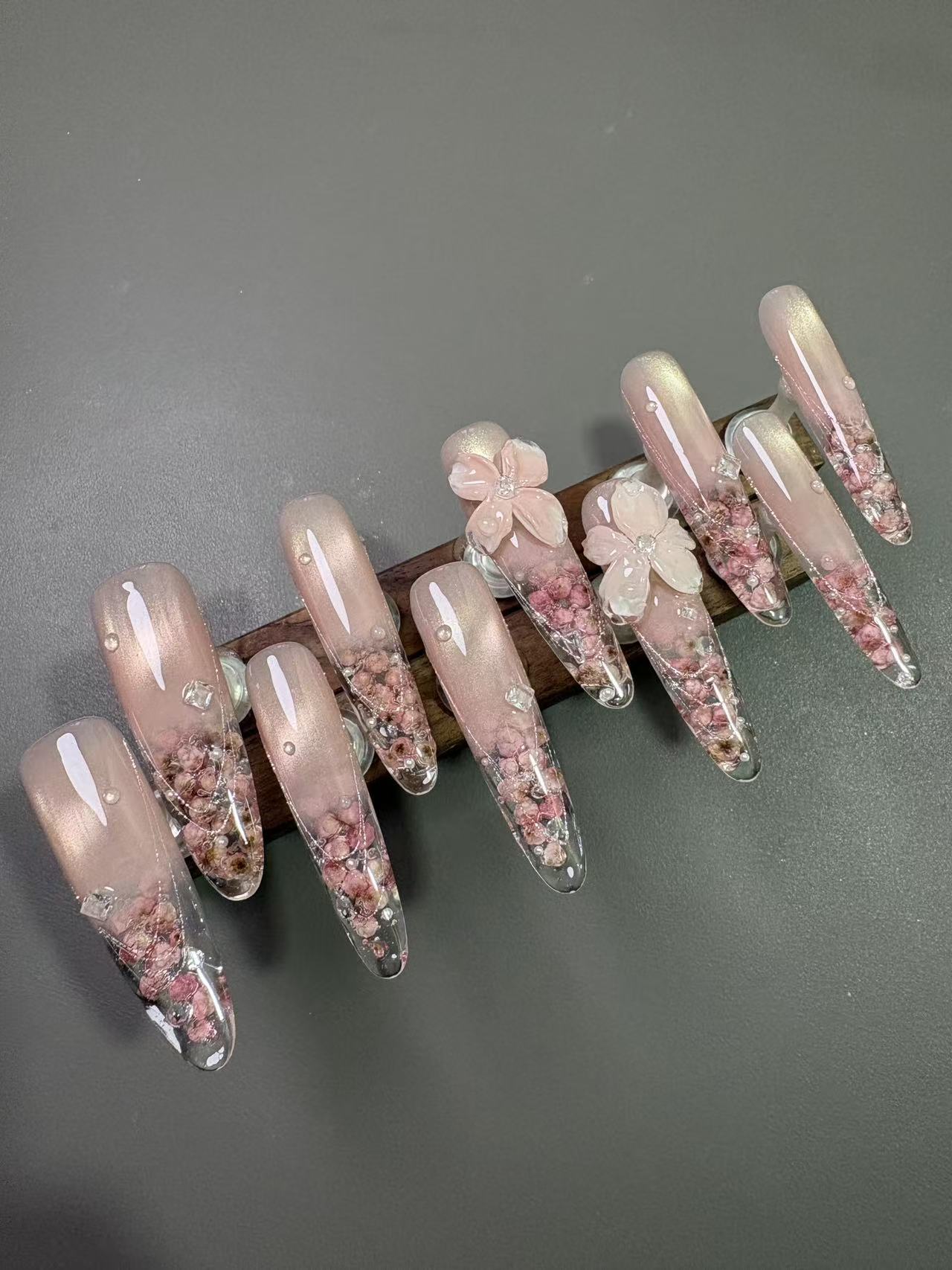 Nude Shimmer Dried Flower 3D Floral Long Stiletto Press On Nails - handmade custom press-on nails main product photo