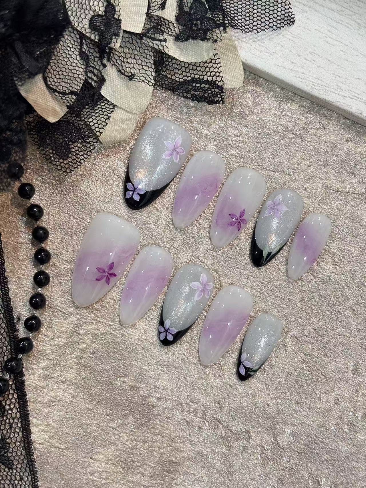 Purple Floral Smoke Black French Almond Press On Nails - handmade custom press-on nails detail gallery photo