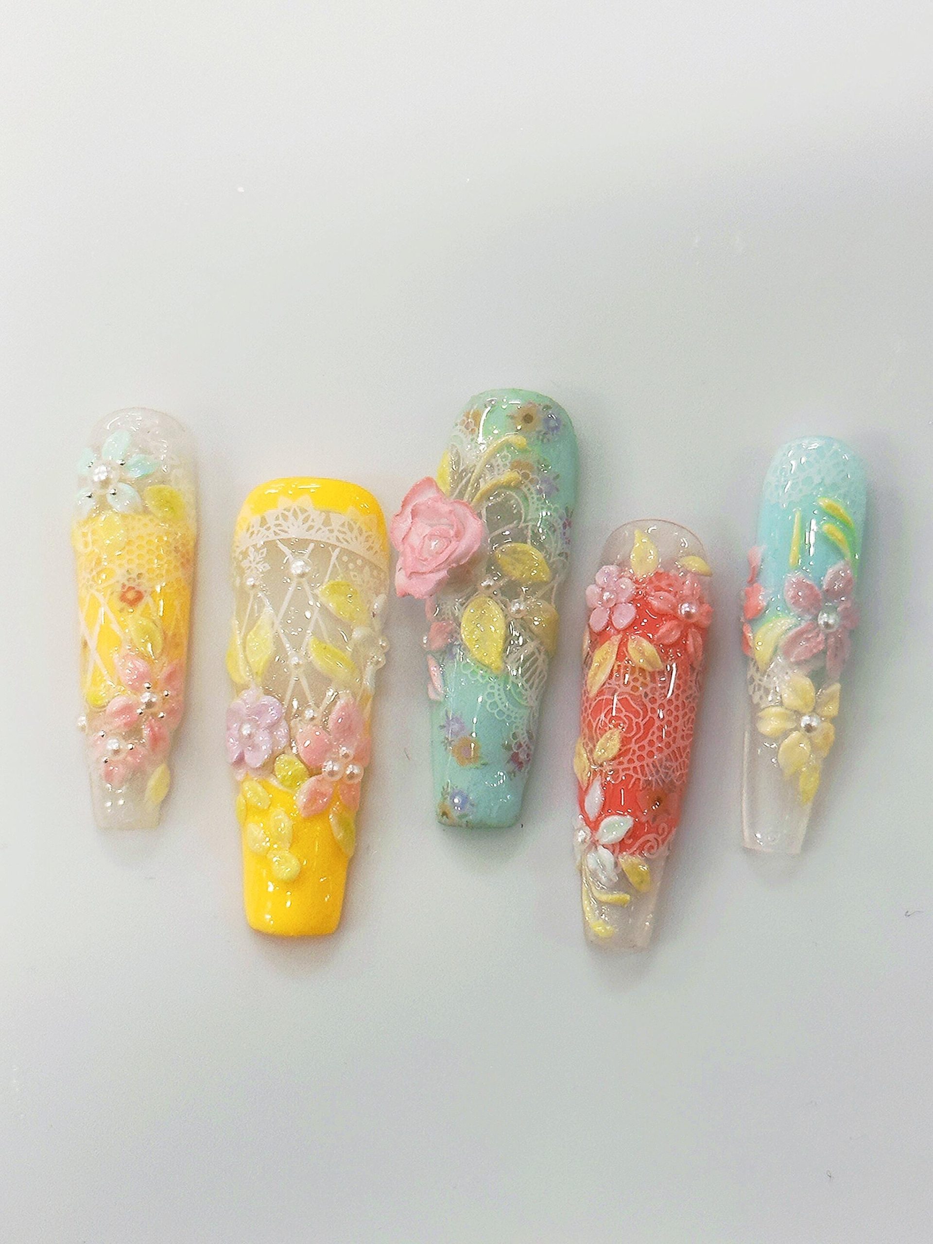 Pastel 3D Rose Lace Long Coffin Press On Nails - handmade custom press-on nails detail gallery photo