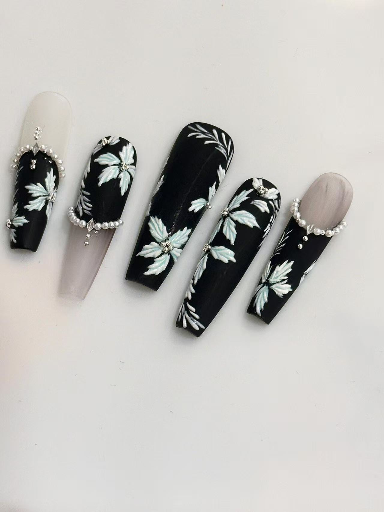 Embroidered Floral Dark Pearl Long Coffin Press On Nails - handmade custom press-on nails detail gallery photo