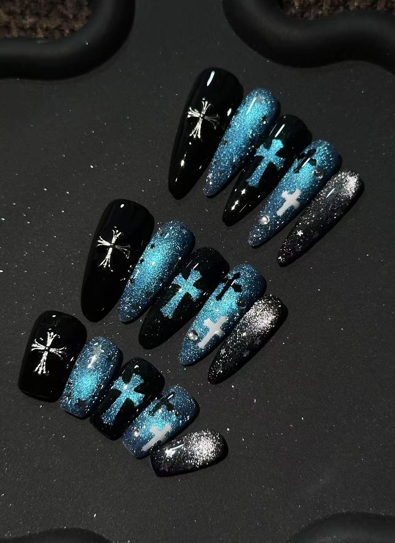 Blue Glitter Star Cross Dark Gothic Long Coffin Press On Nails - Image 2