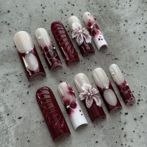 Wine Red 3D Flower Gradient Long Square Press-on Nails - handmade custom press-on nails main product photo