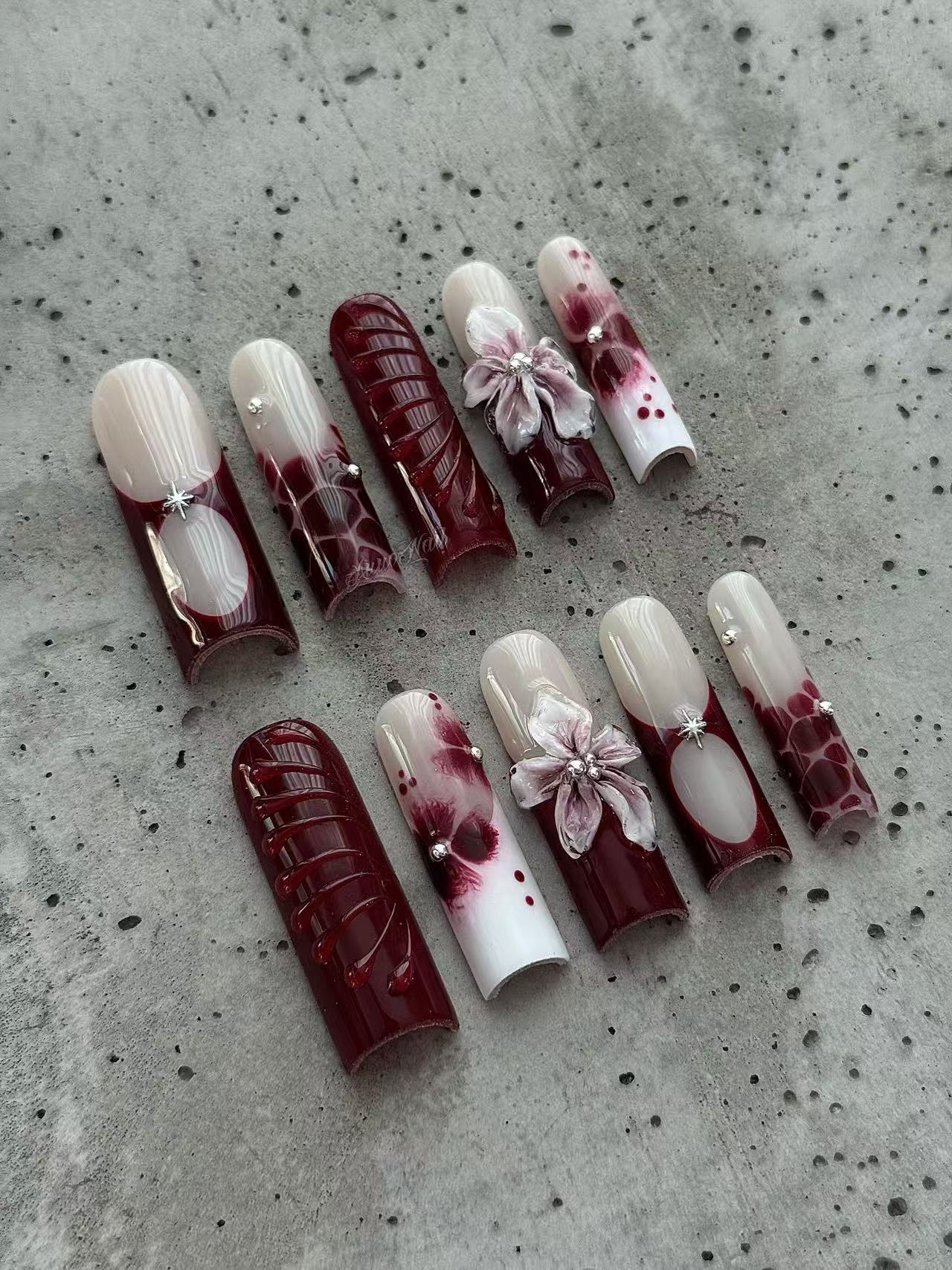Wine Red 3D Flower Gradient Long Square Press-on Nails - handmade custom press-on nails main product photo