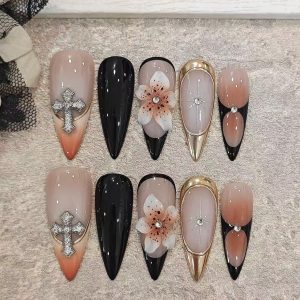 Nude Orange Gradient Cross 3D Flower Stiletto Press On Nails - handmade custom press-on nails main product photo