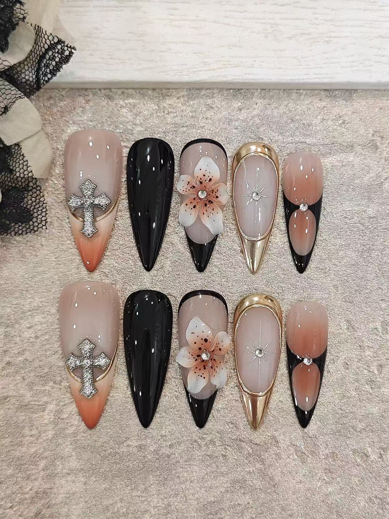 Nude Orange Gradient Cross 3D Flower Stiletto Press On Nails - handmade custom press-on nails main product photo