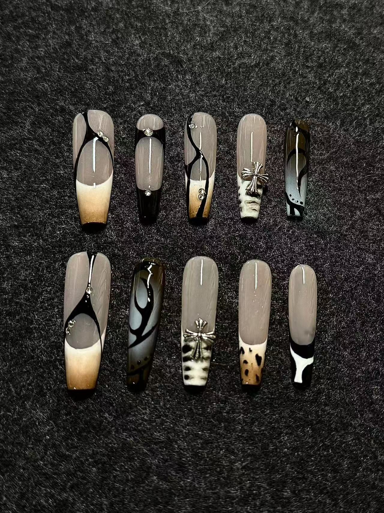 Coffee Leopard Print Long Coffin Custom Press On Nails - handmade custom press-on nails detail gallery photo