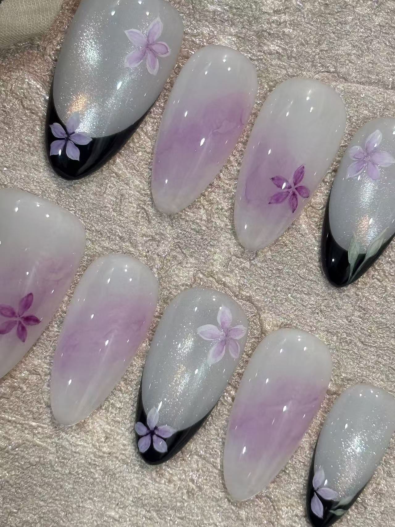 Purple Floral Smoke Black French Almond Press On Nails - handmade custom press-on nails detail gallery photo