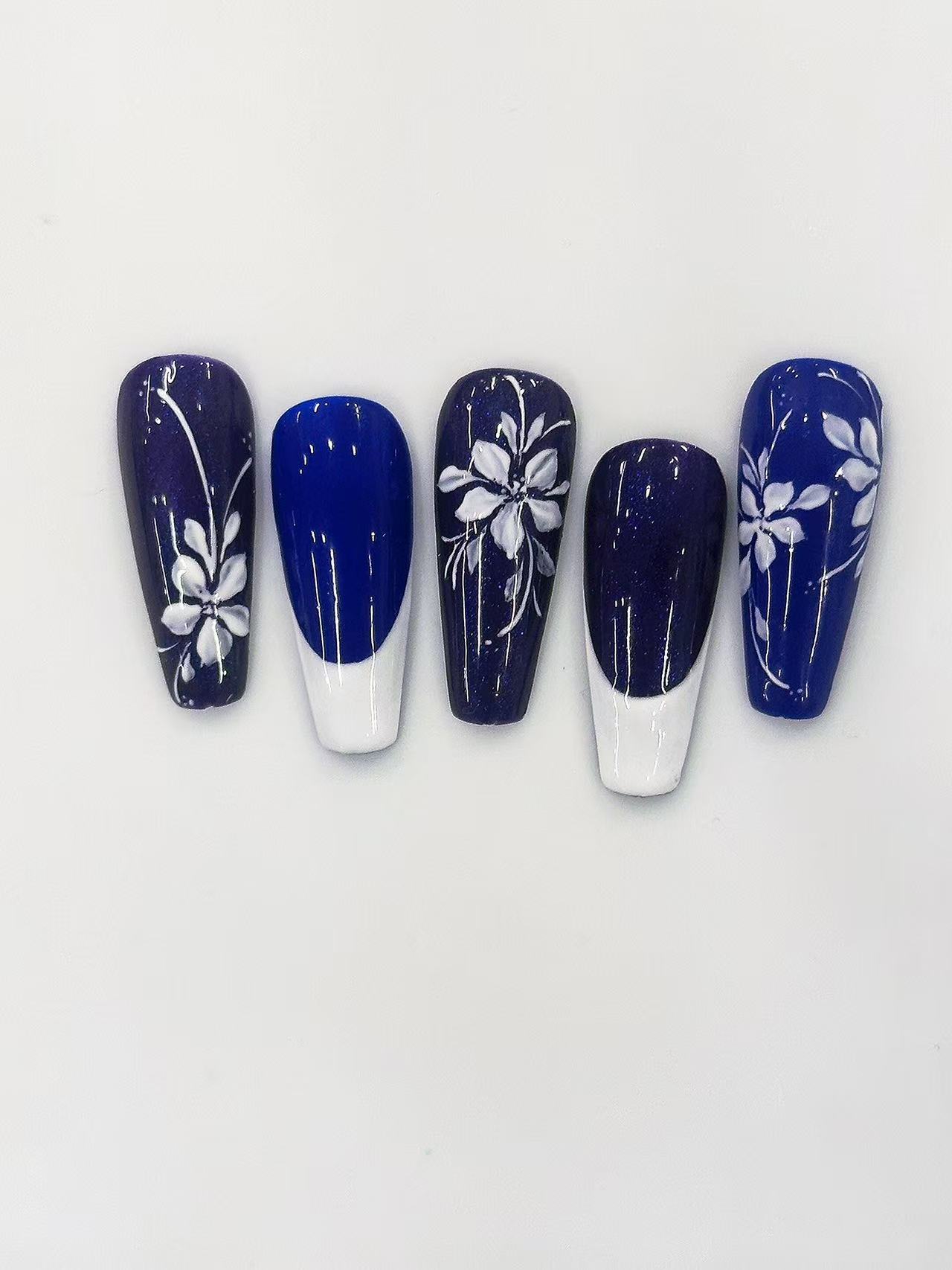 Blue Purple White Floral French Long Coffin Press On Nails - handmade custom press-on nails detail gallery photo