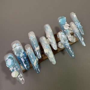 Ocean Blue Gradient Seashell Starfish Long Stiletto Press On Nails - handmade custom press-on nails main product photo