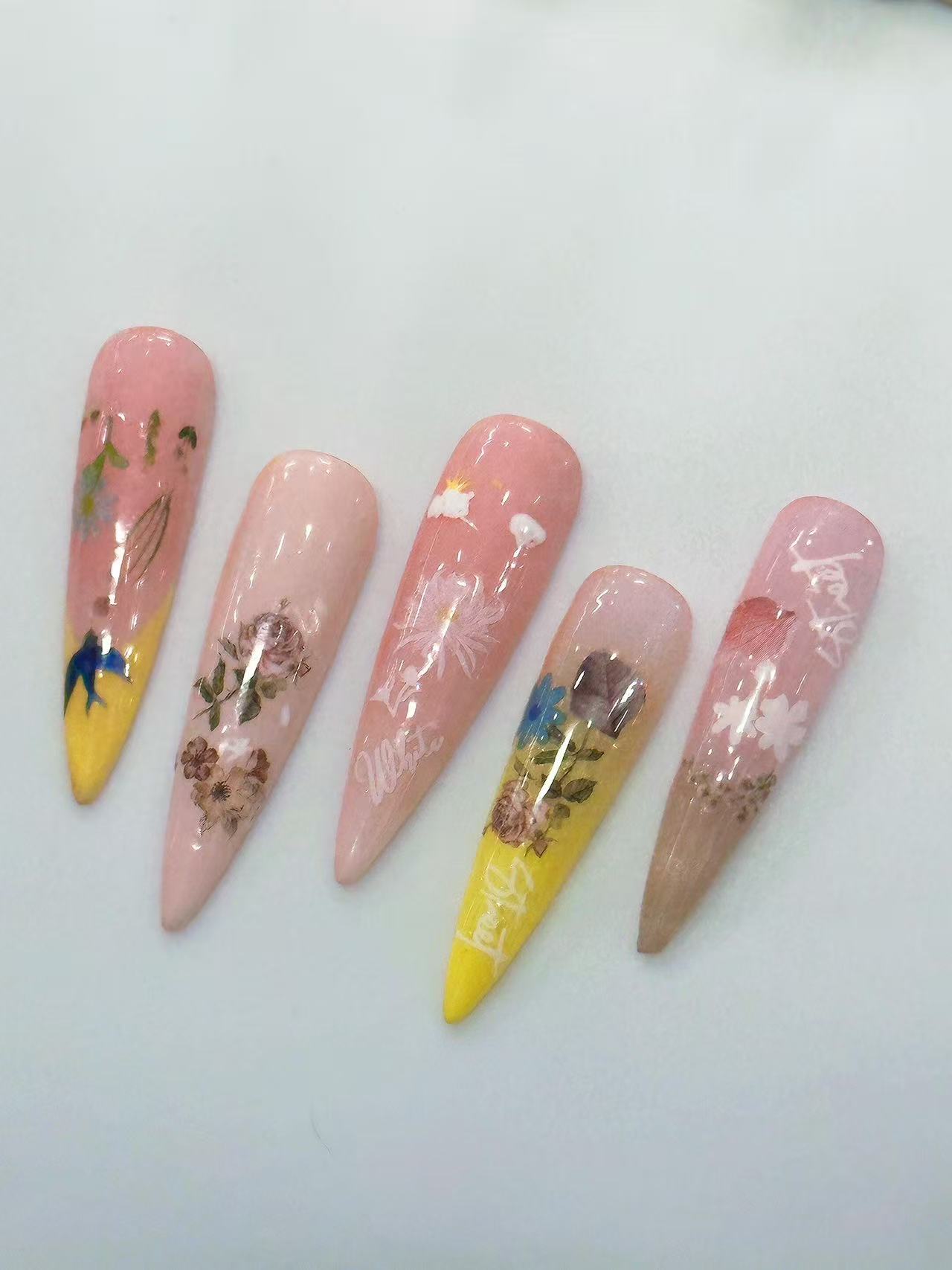 Spring Dried Flower Gradient Long Stiletto Press On Nails - handmade custom press-on nails detail gallery photo