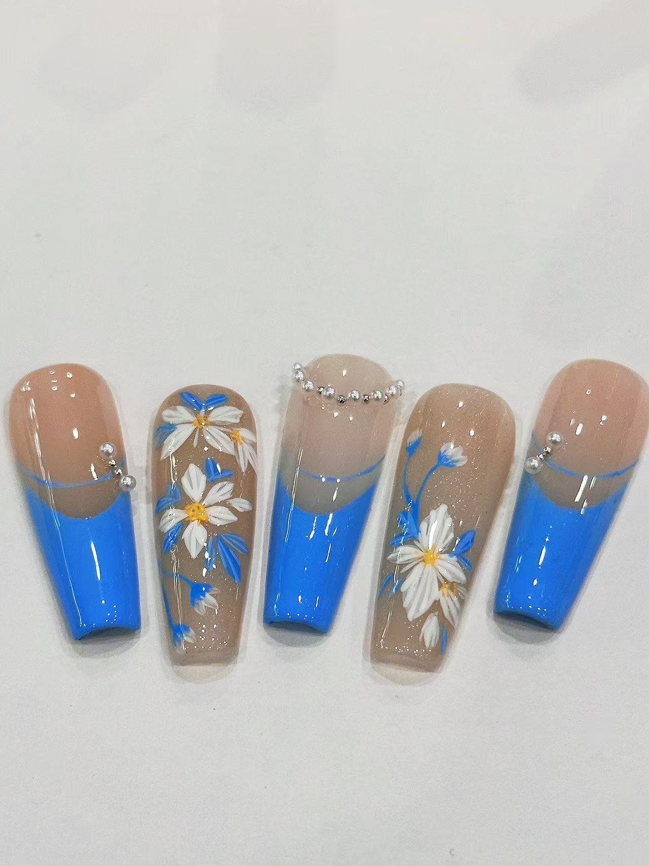 Blue French Daisy Pearl Long Coffin Press On Nails - handmade custom press-on nails detail gallery photo