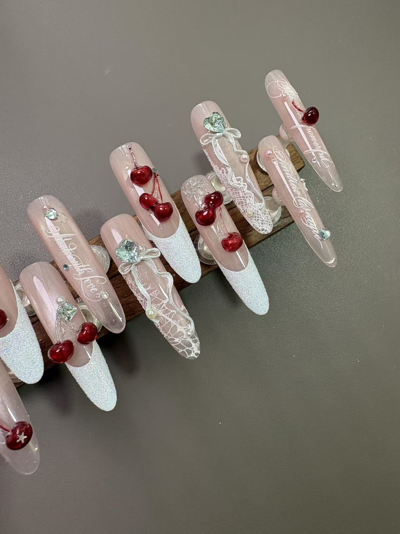 Cherry Lace French Long Stiletto Press On Nails - handmade custom press-on nails detail gallery photo