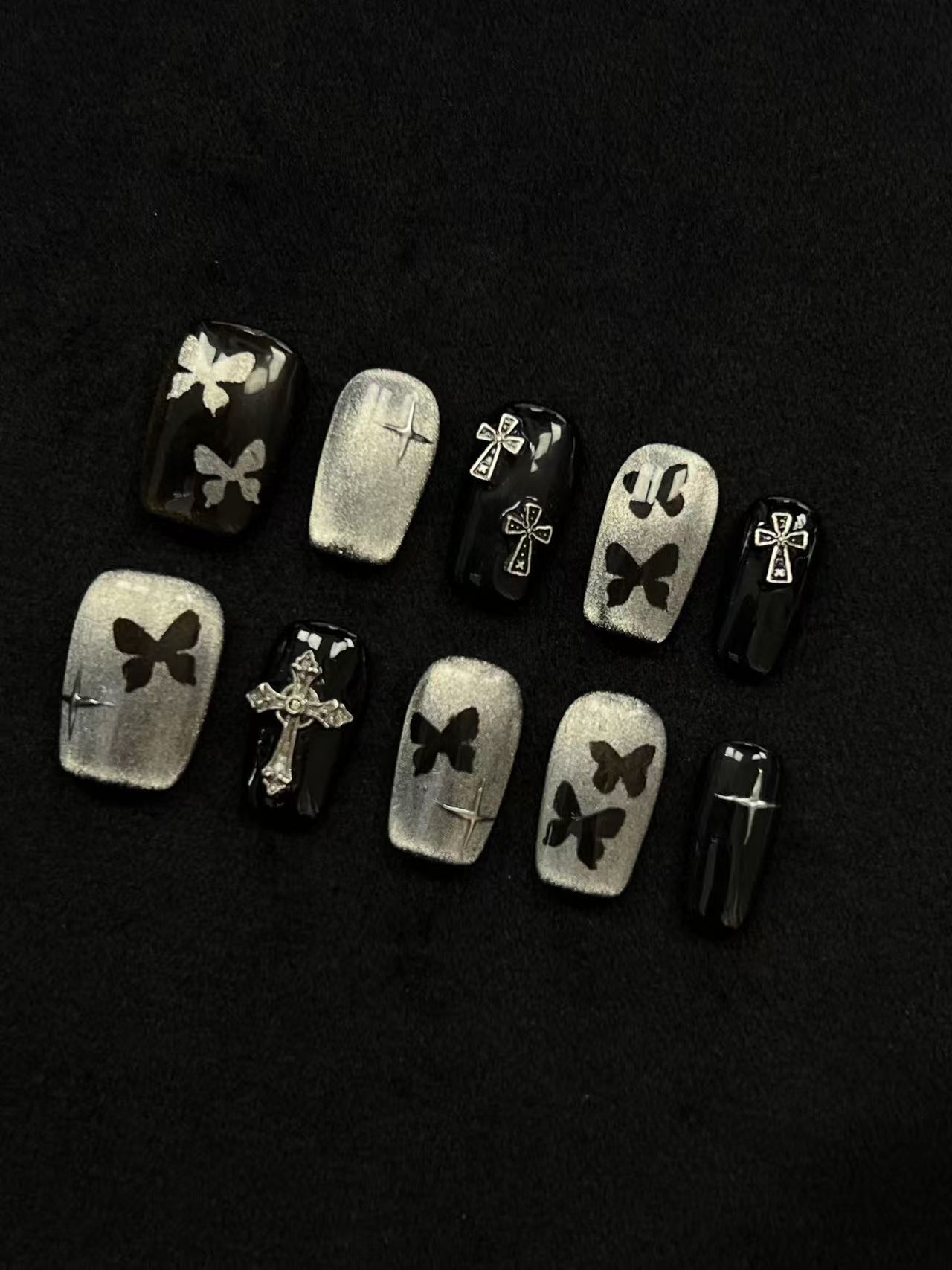 Black Silver Glitter Butterfly Cross Medium Coffin Press On Nails - Image 2