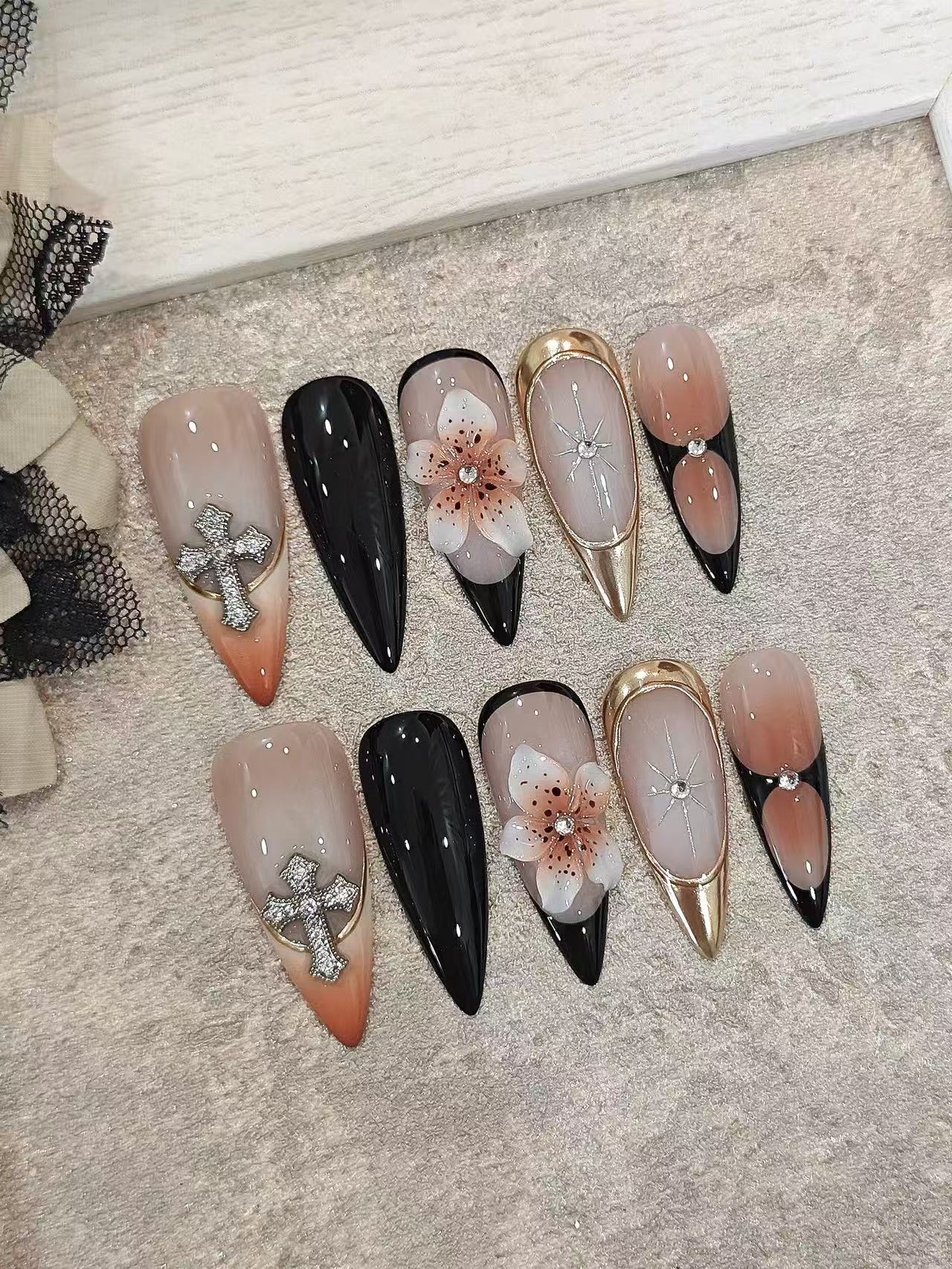 Nude Orange Gradient Cross 3D Flower Stiletto Press On Nails - handmade custom press-on nails detail gallery photo