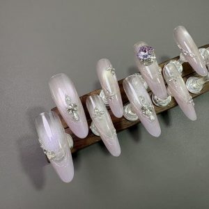 Pink Aurora Cat Eye Purple Rhinestone Long Almond Press On Nails - handmade custom press-on nails main product photo