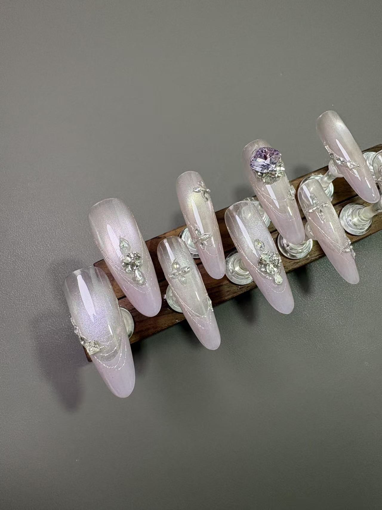 Pink Aurora Cat Eye Purple Rhinestone Long Almond Press On Nails - handmade custom press-on nails main product photo