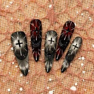 Gothic Cross Gradient Cat Eye Medium Coffin Press On Nails - handmade custom press-on nails main product photo