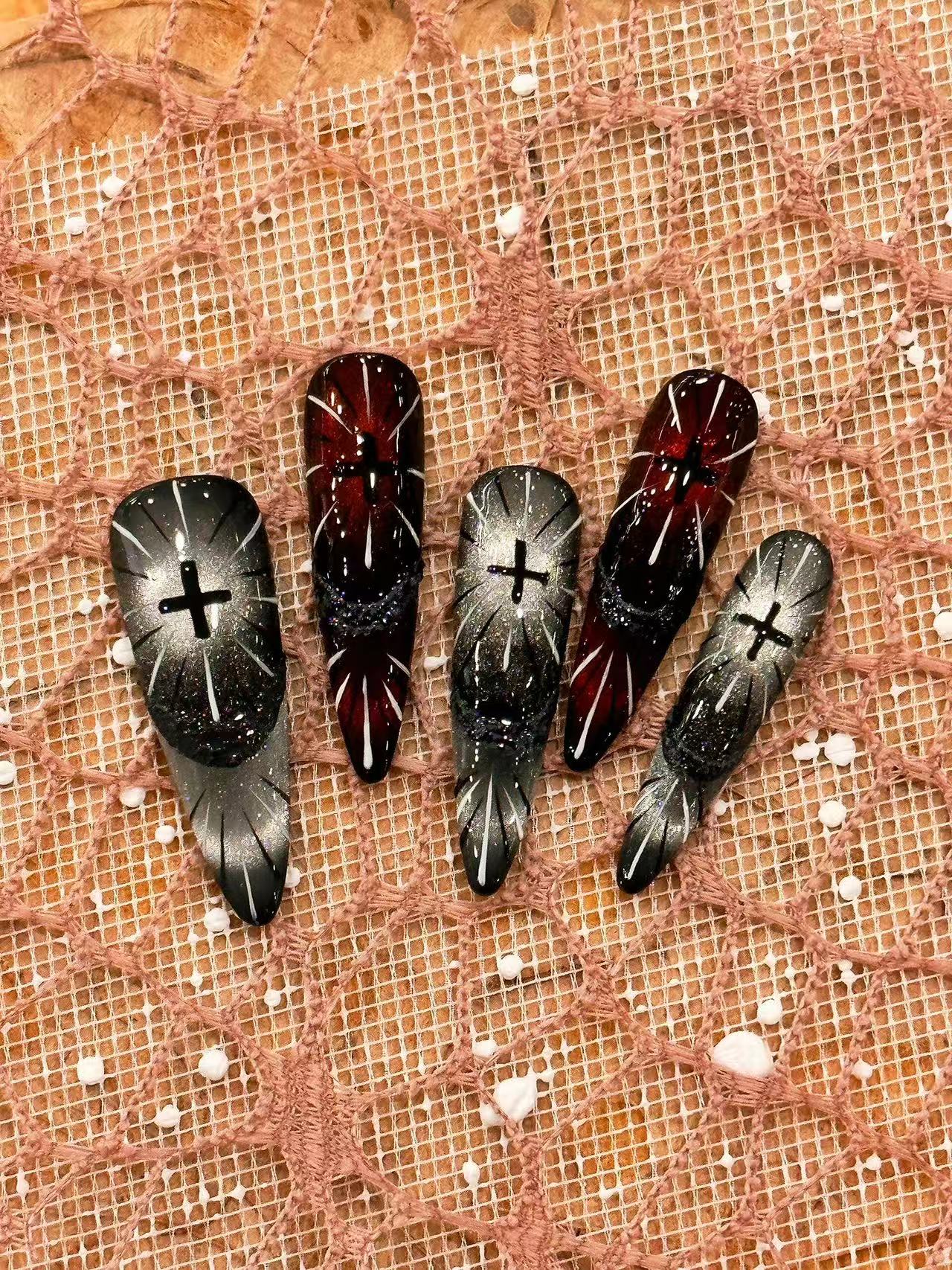Gothic Cross Gradient Cat Eye Medium Coffin Press On Nails - handmade custom press-on nails main product photo
