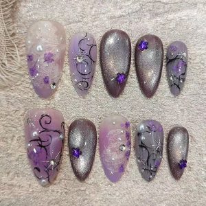 Purple Cat Eye Lace Floral Almond Press On Nails - handmade custom press-on nails main product photo