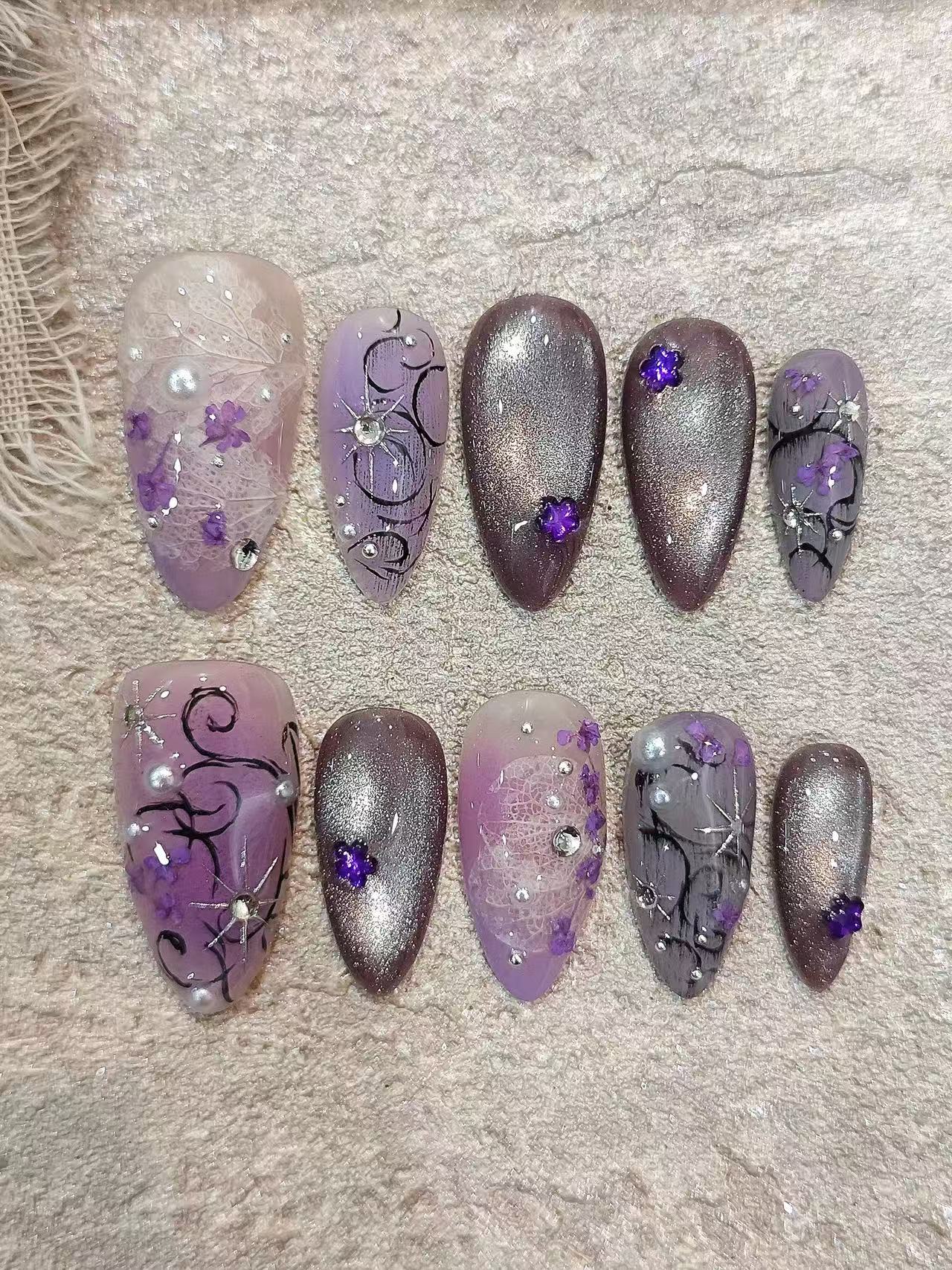 Purple Cat Eye Lace Floral Almond Press On Nails - handmade custom press-on nails main product photo