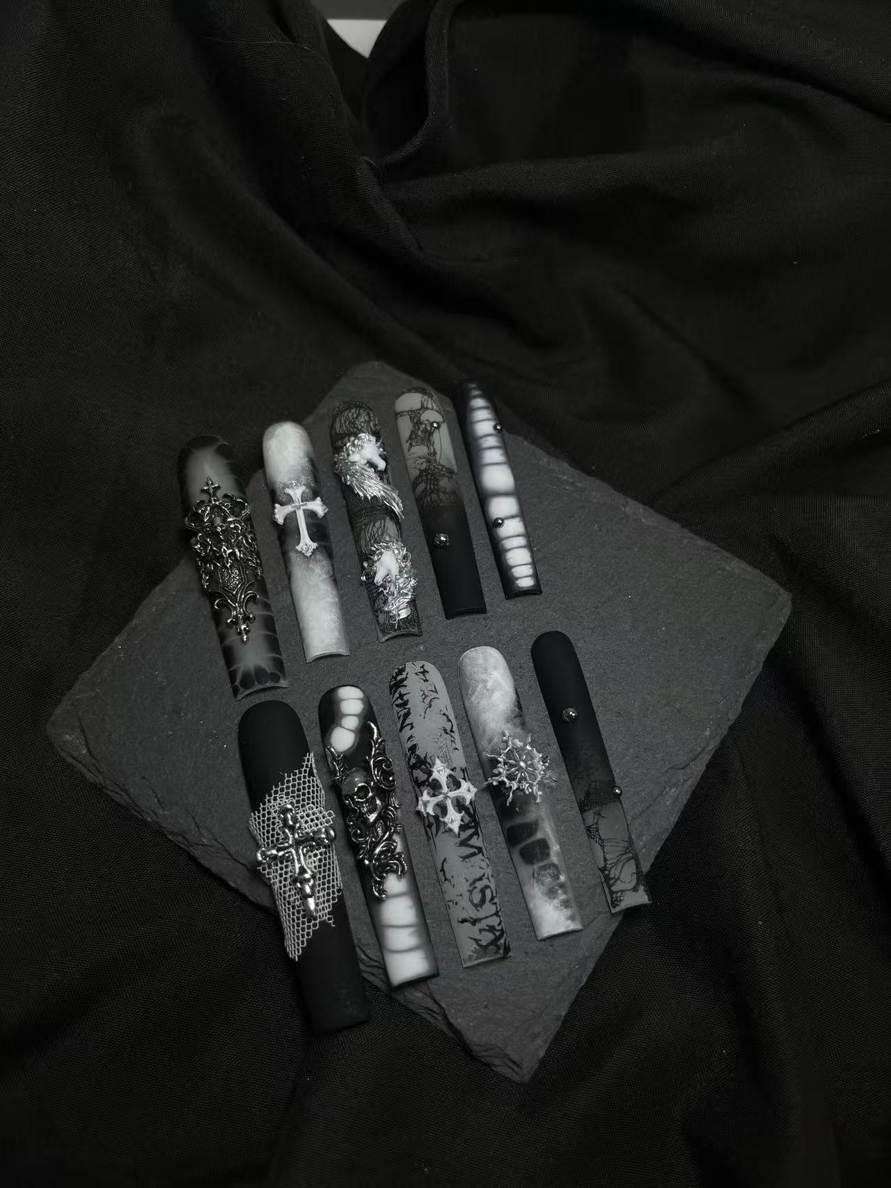 Black Gray Smoke Skull Cross Long Coffin Press On Nails - Image 2