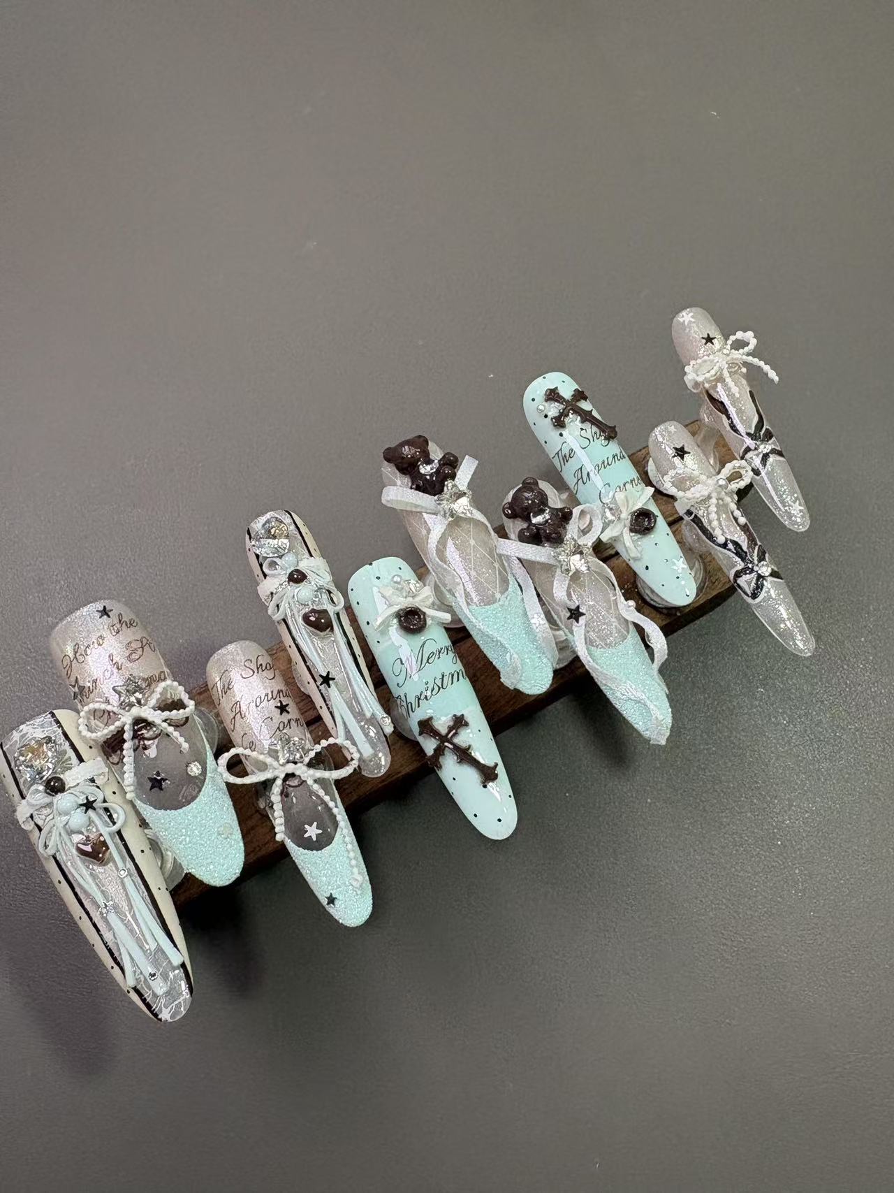 Mint Green Ribbon Bear Cross Long Stiletto Press On Nails - handmade custom press-on nails detail gallery photo