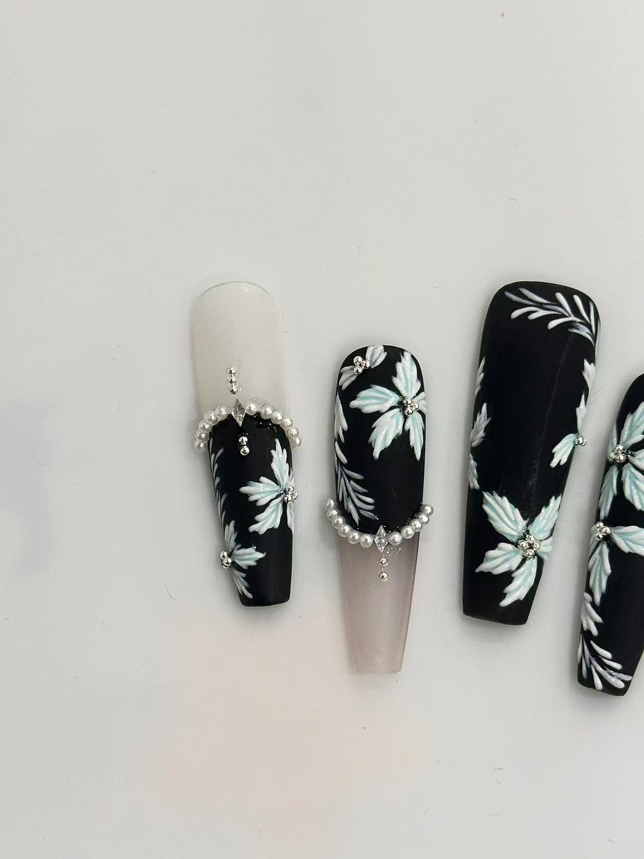 Embroidered Floral Dark Pearl Long Coffin Press On Nails - handmade custom press-on nails detail gallery photo