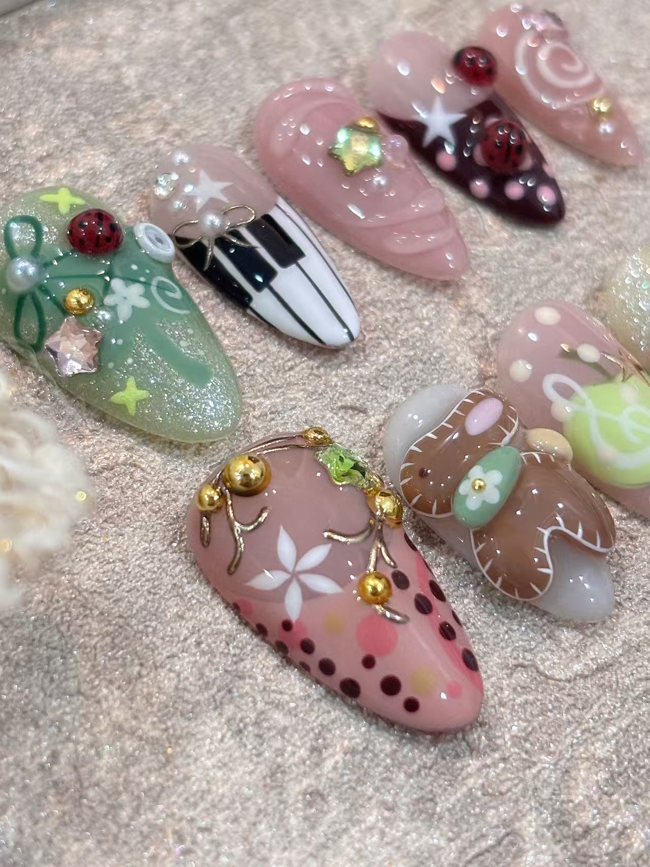 Cute Cartoon Ladybug Bear Apple Almond Press On Nails - handmade custom press-on nails detail gallery photo